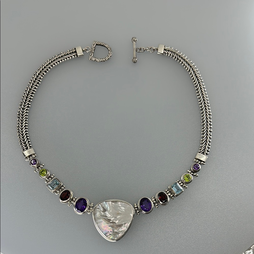 925 Silver Real Gems Amethyst, Garnet, Topaz, Tourmaline, Seashells Necklace